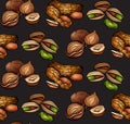 Seamless pattern with colored cartoon nuts on dark background. Peanuts, hazelnut, pistachios. Royalty Free Stock Photo